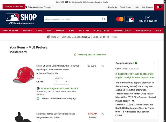 Pittsburgh Pirates checkout page showing Pittsburgh Pirates promo code box | Screenshot taken by SimplyCodes community member on Sep 10, 2025