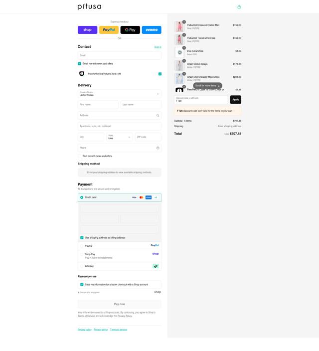 Pitusa checkout page showing Pitusa discount code box | Screenshot taken by SimplyCodes community member on Sep 12, 2025