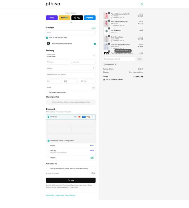 Pitusa checkout page showing Pitusa discount code box | Screenshot taken by SimplyCodes community member on Sep 3, 2025