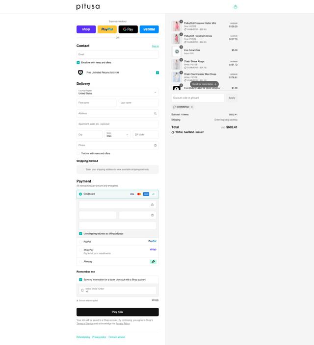 Pitusa checkout page showing Pitusa discount code box | Screenshot taken by SimplyCodes community member on Sep 12, 2025