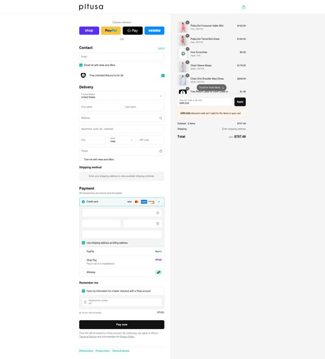 Pitusa checkout page showing Pitusa discount code box | Screenshot taken by SimplyCodes community member on Sep 8, 2025