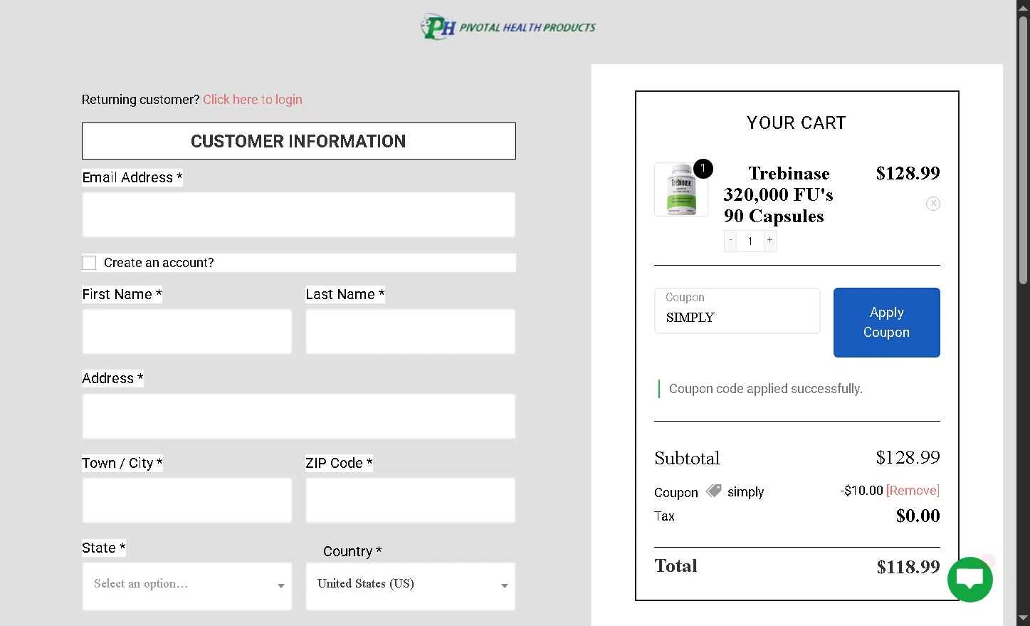 Pivotal Health Products checkout page showing Pivotal Health Products promo code box | Screenshot taken by SimplyCodes community member on Oct 25, 2025