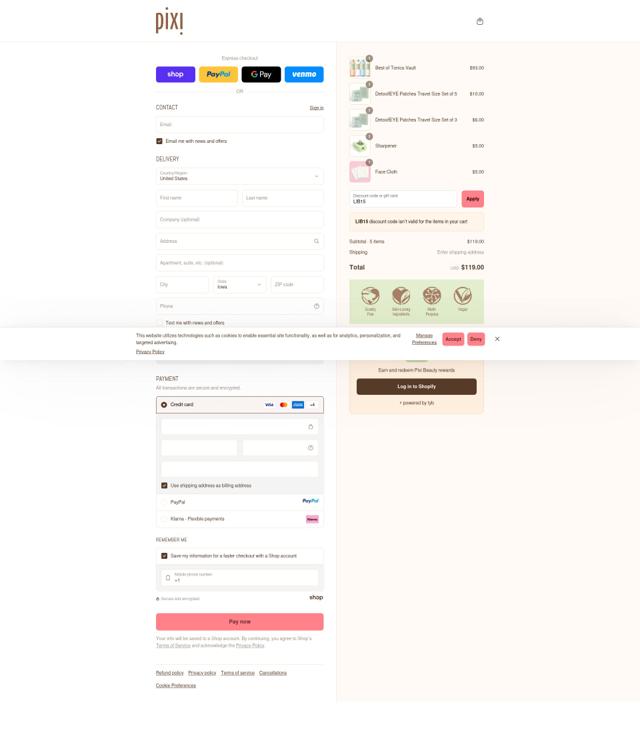 Pixi Beauty checkout page showing Pixi Beauty promo code box | Screenshot taken by SimplyCodes community member on Sep 16, 2025