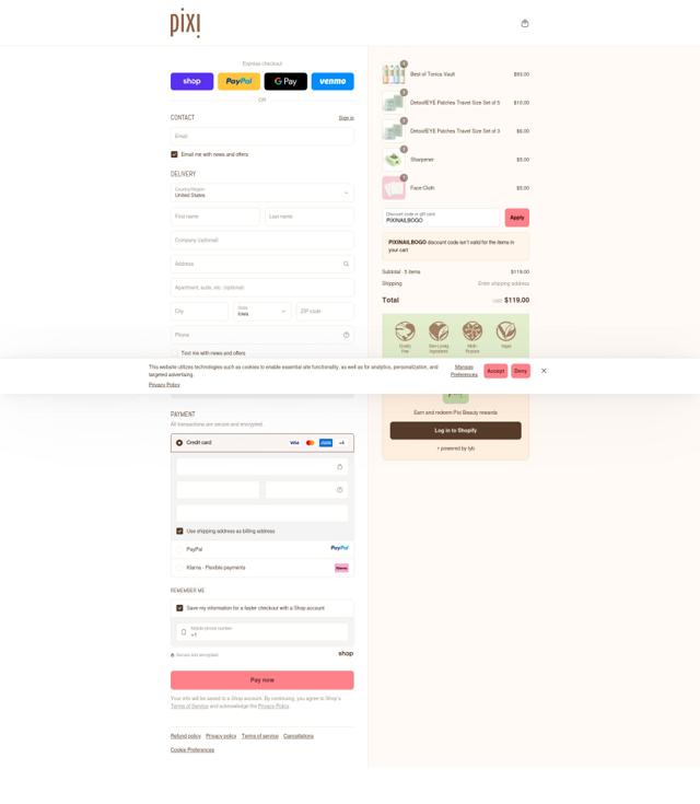 Pixi Beauty checkout page showing Pixi Beauty promo code box | Screenshot taken by SimplyCodes community member on Sep 16, 2025
