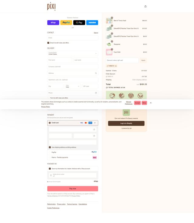 Pixi Beauty checkout page showing Pixi Beauty promo code box | Screenshot taken by SimplyCodes community member on Sep 16, 2025