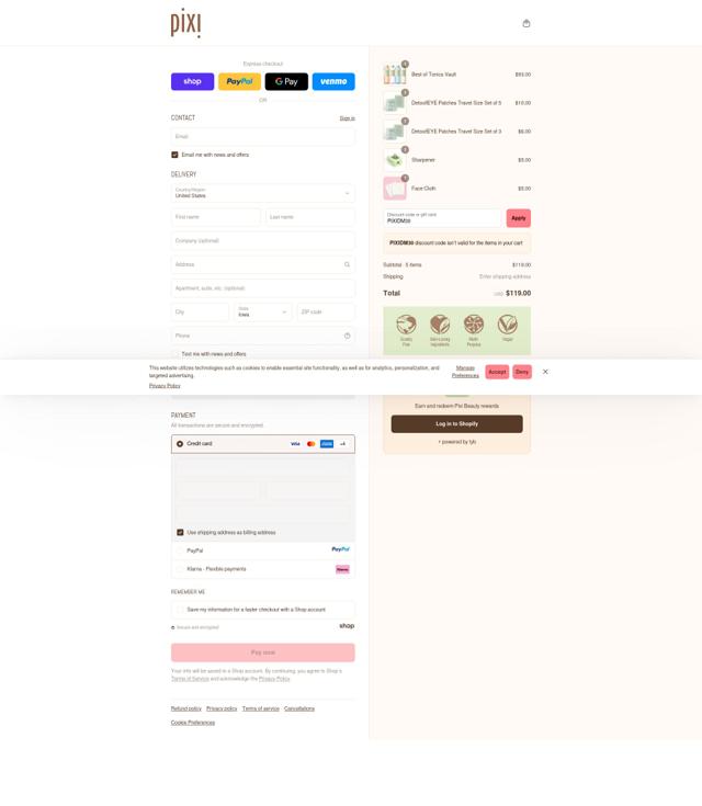 Pixi Beauty checkout page showing Pixi Beauty promo code box | Screenshot taken by SimplyCodes community member on Sep 16, 2025