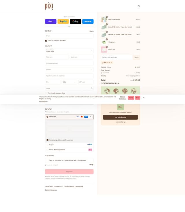 Pixi Beauty checkout page showing Pixi Beauty promo code box | Screenshot taken by SimplyCodes community member on Sep 16, 2025