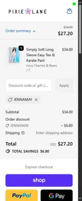 PixieLane coupon verification screenshot
