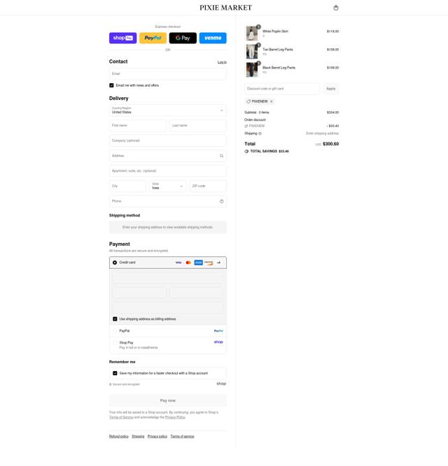 Pixie Market checkout page showing Pixie Market promo code box | Screenshot taken by SimplyCodes community member on Aug 22, 2025