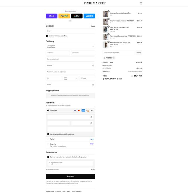 Pixie Market checkout page showing Pixie Market promo code box | Screenshot taken by SimplyCodes community member on Sep 5, 2025