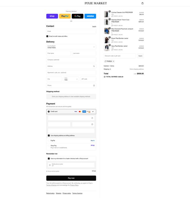 Pixie Market checkout page showing Pixie Market promo code box | Screenshot taken by SimplyCodes community member on Aug 31, 2025