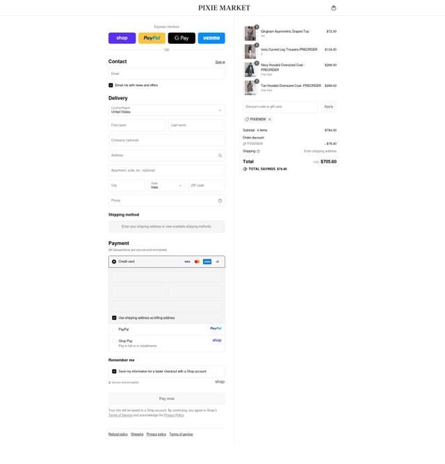 Pixie Market checkout page showing Pixie Market promo code box | Screenshot taken by SimplyCodes community member on Sep 9, 2025