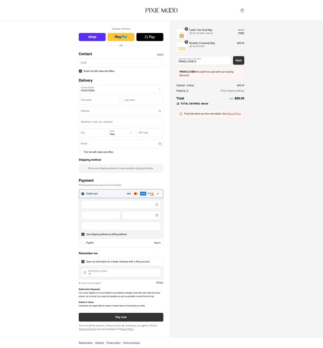 Pixie Mood checkout page showing Pixie Mood promo code box | Screenshot taken by SimplyCodes community member on Aug 30, 2025