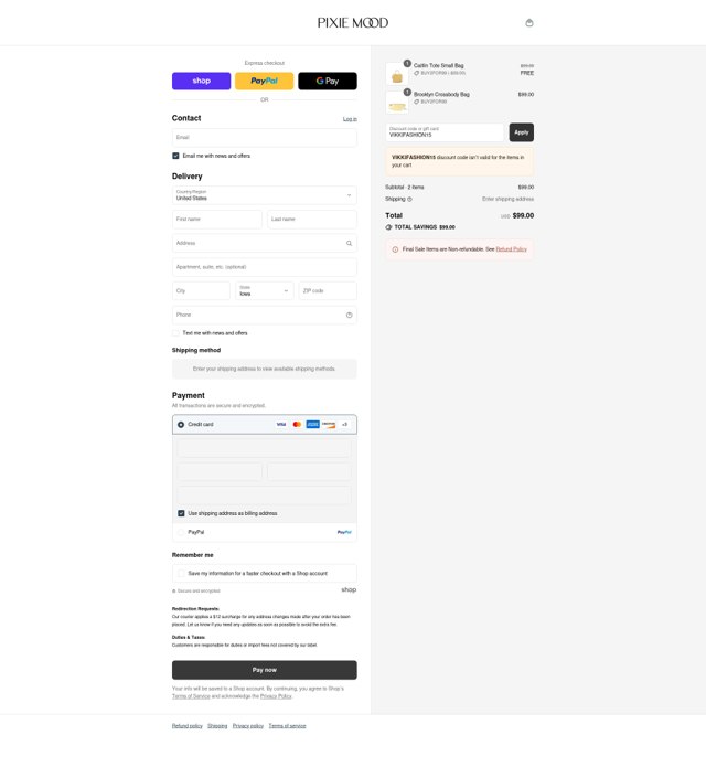 Pixie Mood checkout page showing Pixie Mood promo code box | Screenshot taken by SimplyCodes community member on Sep 3, 2025