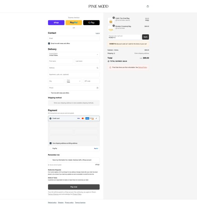 Pixie Mood checkout page showing Pixie Mood promo code box | Screenshot taken by SimplyCodes community member on Sep 3, 2025