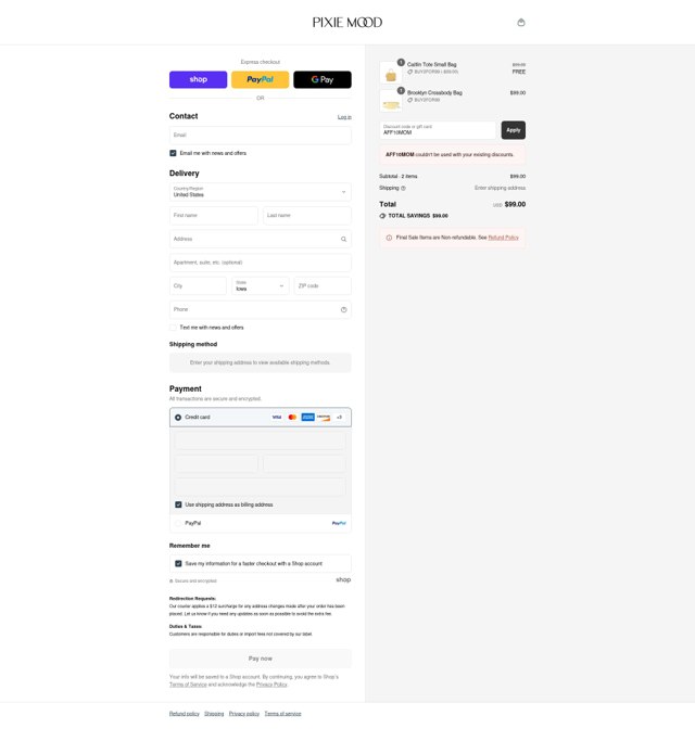 Pixie Mood checkout page showing Pixie Mood promo code box | Screenshot taken by SimplyCodes community member on Sep 3, 2025