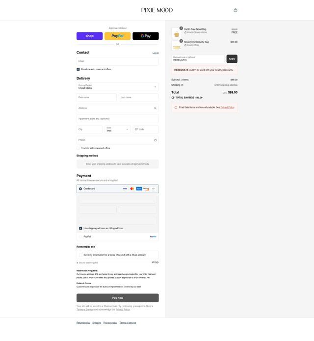 Pixie Mood checkout page showing Pixie Mood promo code box | Screenshot taken by SimplyCodes community member on Sep 3, 2025