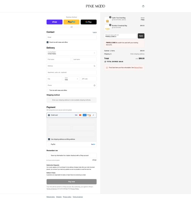 Pixie Mood checkout page showing Pixie Mood promo code box | Screenshot taken by SimplyCodes community member on Sep 3, 2025