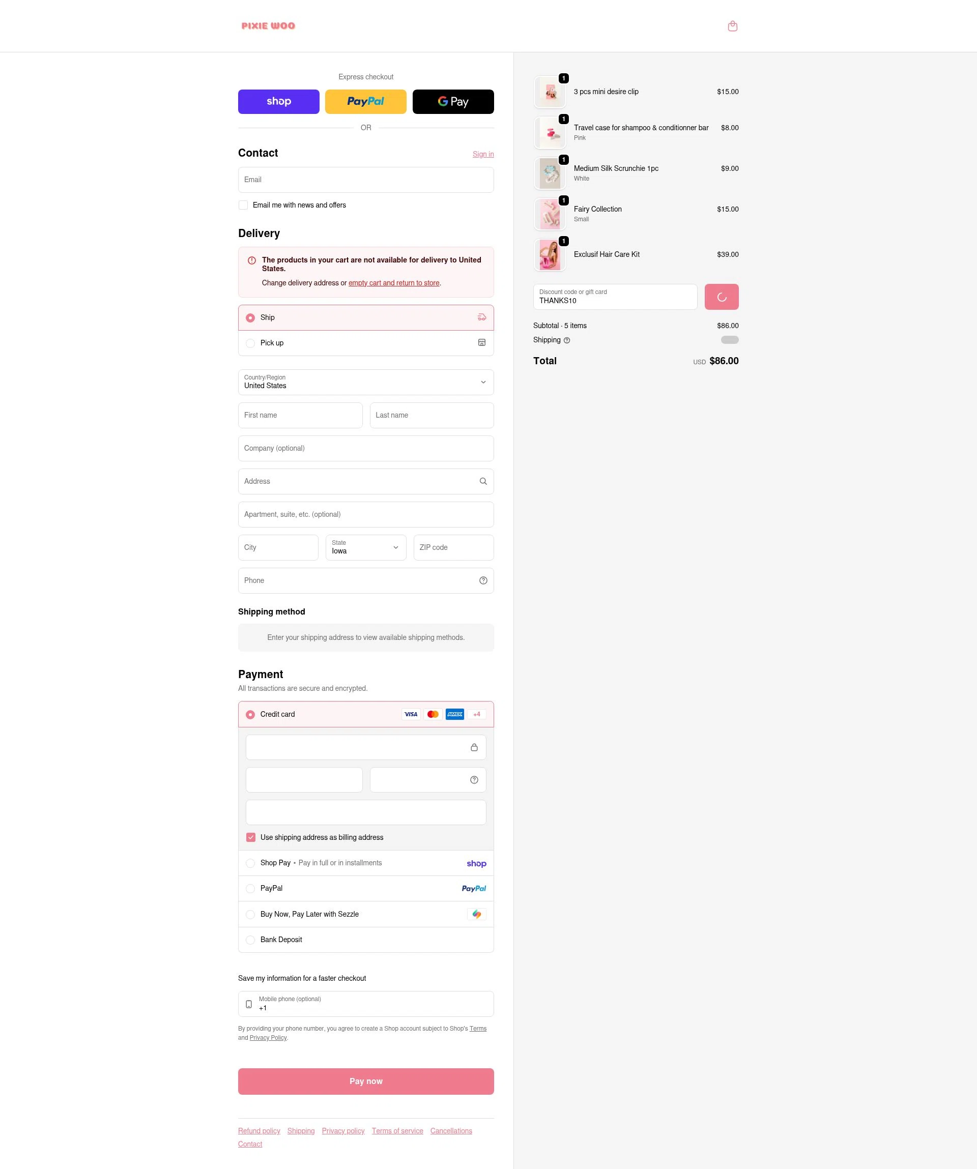 Pixie Woo checkout page showing Pixie Woo promo code box | Screenshot taken by SimplyCodes community member on Feb 23, 2026