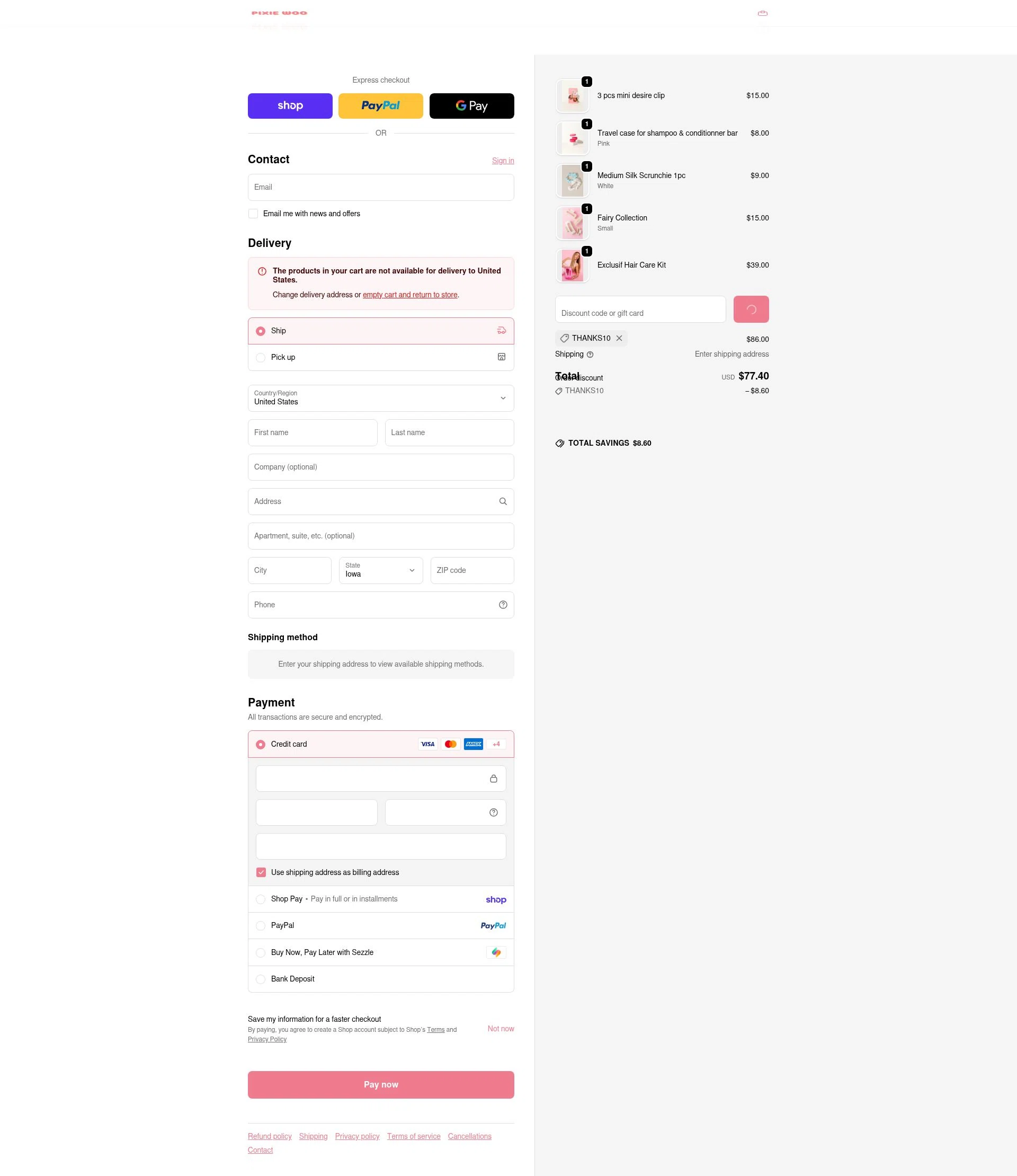 Pixie Woo checkout page showing Pixie Woo promo code box | Screenshot taken by SimplyCodes community member on Feb 18, 2026
