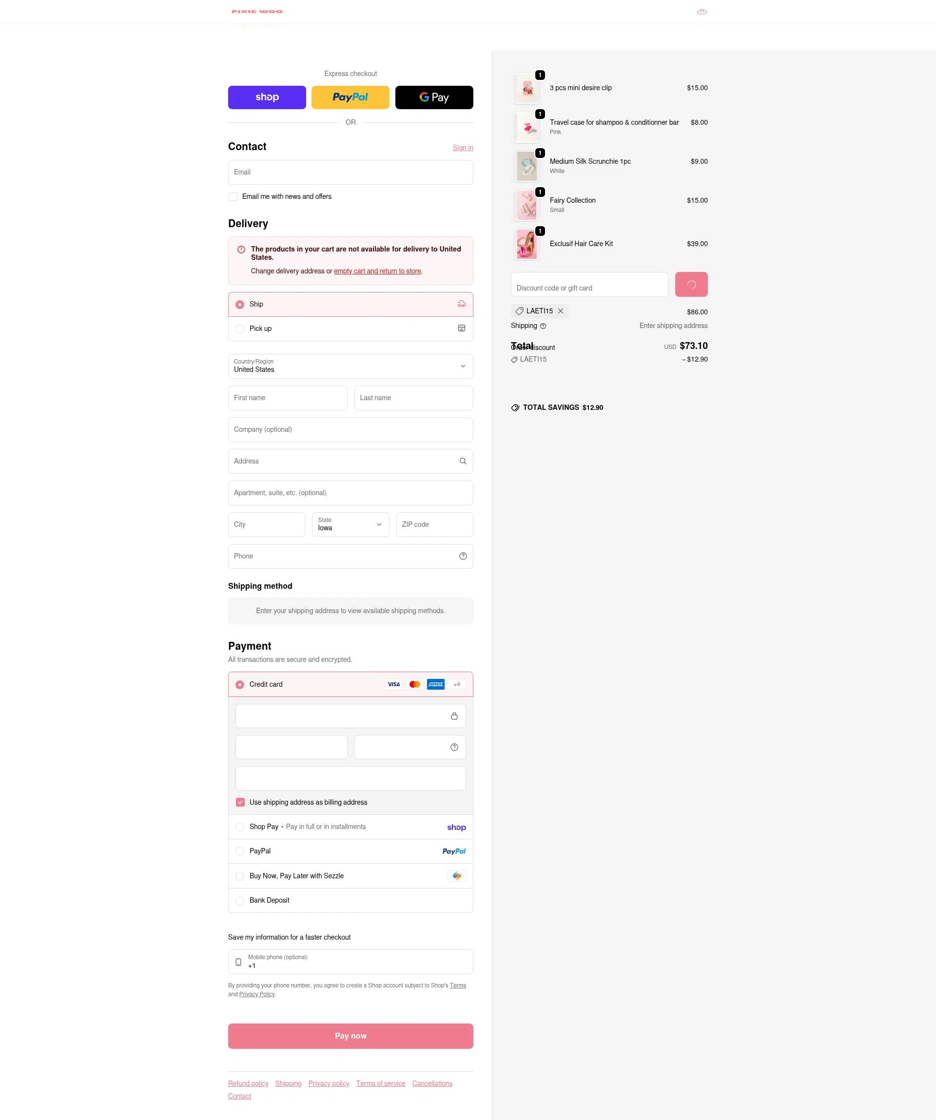 Pixie Woo checkout page showing Pixie Woo promo code box | Screenshot taken by SimplyCodes community member on Feb 14, 2026