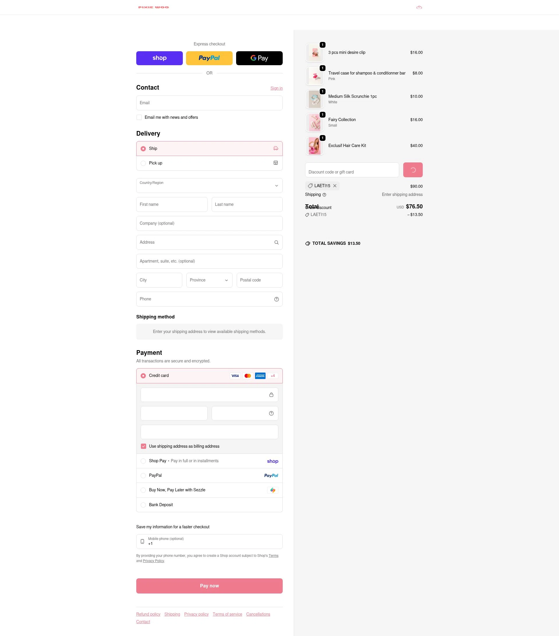 Pixie Woo checkout page showing Pixie Woo promo code box | Screenshot taken by SimplyCodes community member on Feb 10, 2026
