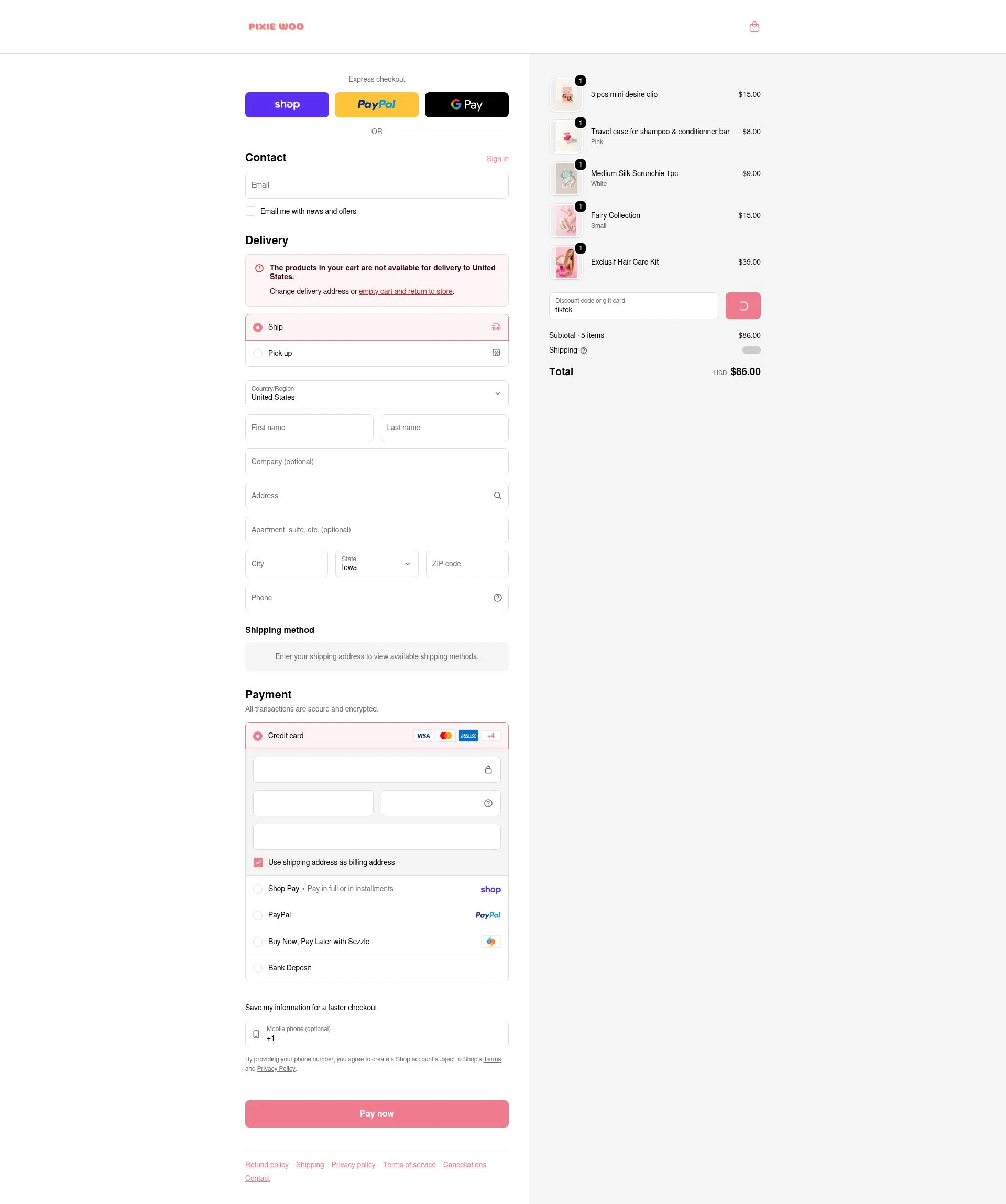 Pixie Woo checkout page showing Pixie Woo promo code box | Screenshot taken by SimplyCodes community member on Feb 14, 2026