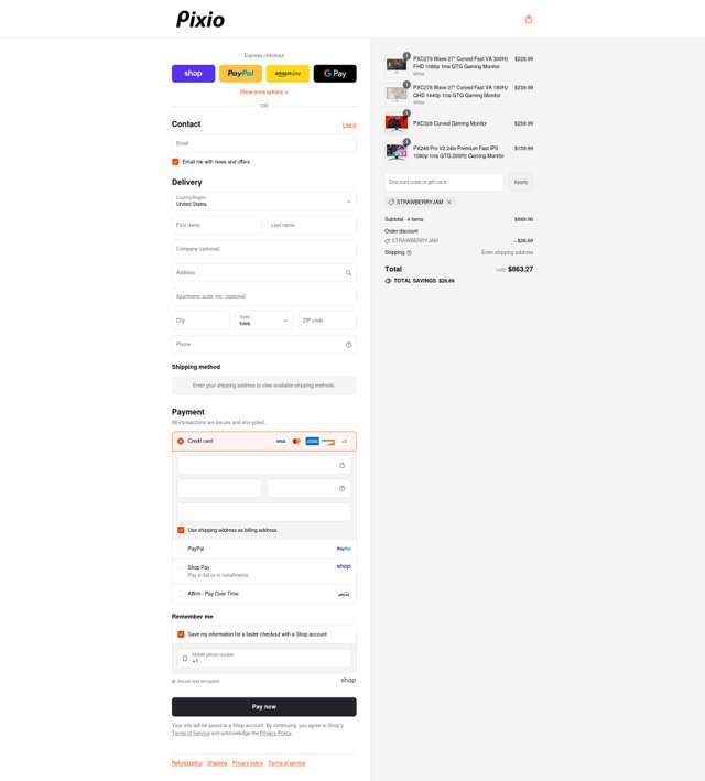 Pixio checkout page showing Pixio promo code box | Screenshot taken by SimplyCodes community member on Sep 2, 2025