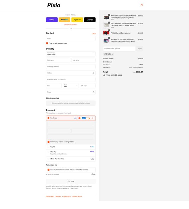 Pixio checkout page showing Pixio promo code box | Screenshot taken by SimplyCodes community member on Sep 2, 2025