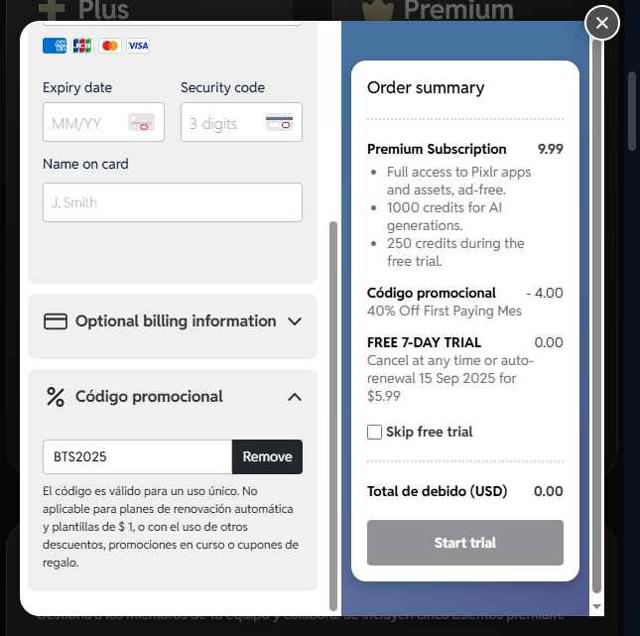 Pixlr checkout page showing Pixlr promo code box | Screenshot taken by SimplyCodes community member on Sep 8, 2025