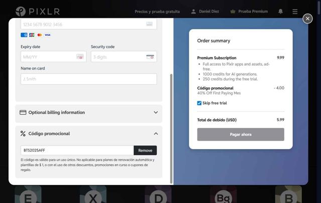 Pixlr checkout page showing Pixlr promo code box | Screenshot taken by SimplyCodes community member on Sep 10, 2025