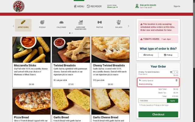 Pizza Factory checkout page showing Pizza Factory coupon code box | Screenshot taken by SimplyCodes community member on Sep 5, 2025