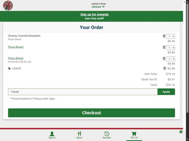 Pizza Factory checkout page showing Pizza Factory coupon code box | Screenshot taken by SimplyCodes community member on Sep 5, 2025
