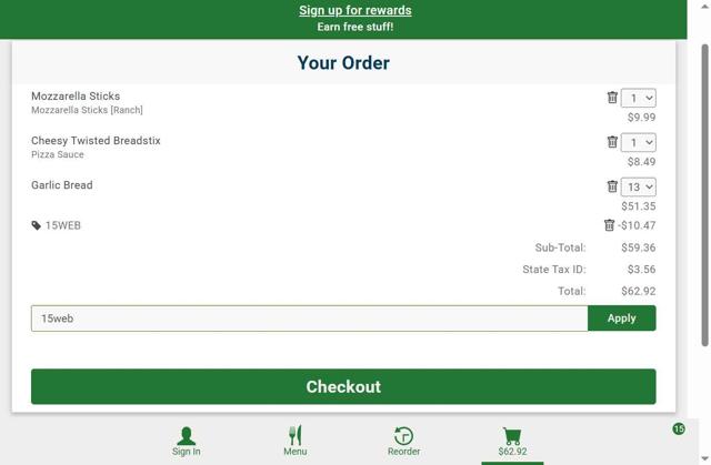 Pizza Factory checkout page showing Pizza Factory coupon code box | Screenshot taken by SimplyCodes community member on Aug 23, 2025