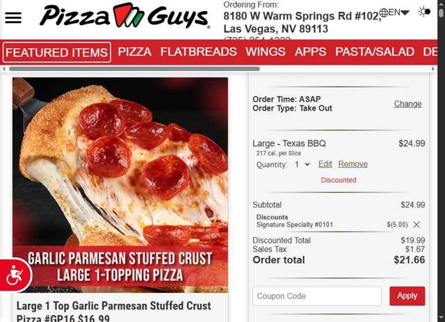 Pizza Guys checkout page showing Pizza Guys coupon code box | Screenshot taken by SimplyCodes community member on Aug 6, 2025