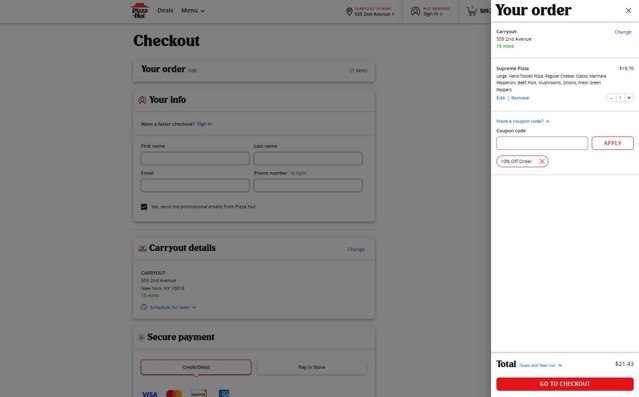 Pizza Hut checkout page showing Pizza Hut coupon code box | Screenshot taken by SimplyCodes community member on Aug 8, 2025