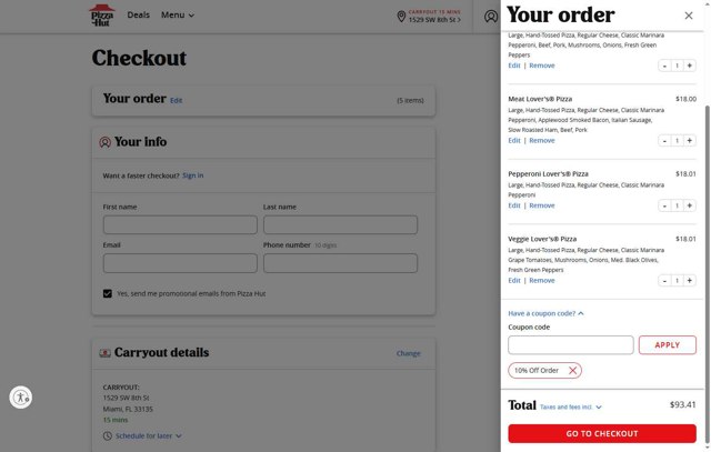Pizza Hut checkout page showing Pizza Hut coupon code box | Screenshot taken by SimplyCodes community member on Aug 8, 2025