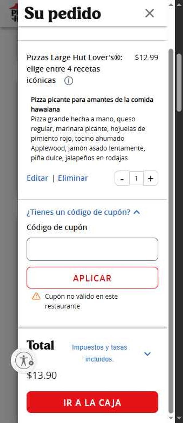 Pizza Hut checkout page showing Pizza Hut coupon code box | Screenshot taken by SimplyCodes community member on Aug 10, 2025
