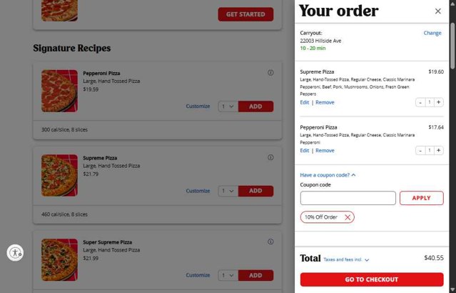 Pizza Hut checkout page showing Pizza Hut coupon code box | Screenshot taken by SimplyCodes community member on Jul 29, 2025