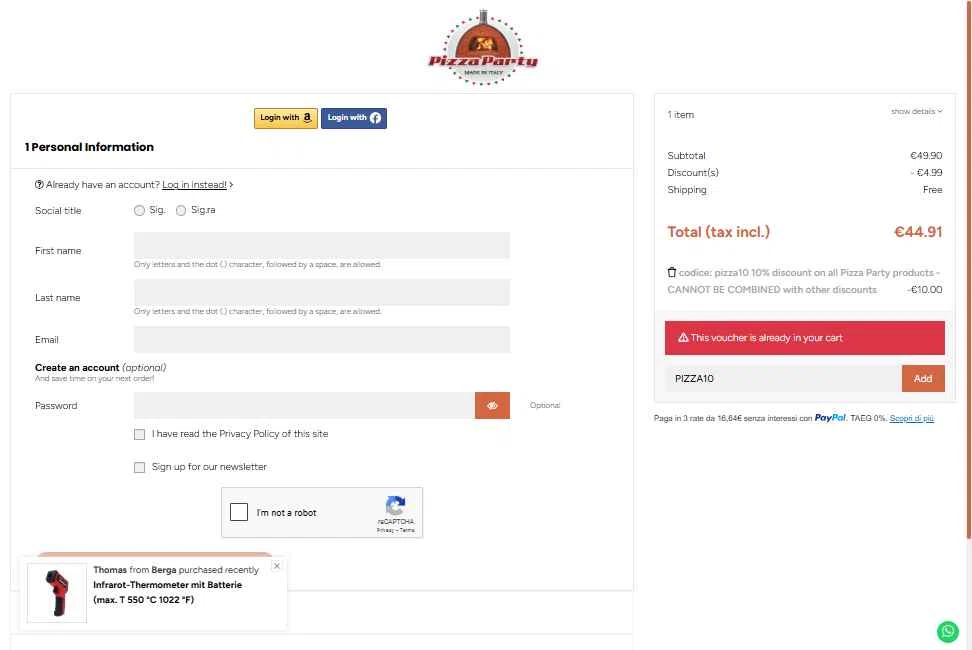 Pizza Party Shop checkout page showing Pizza Party Shop promo code box | Screenshot taken by SimplyCodes community member on Oct 30, 2025