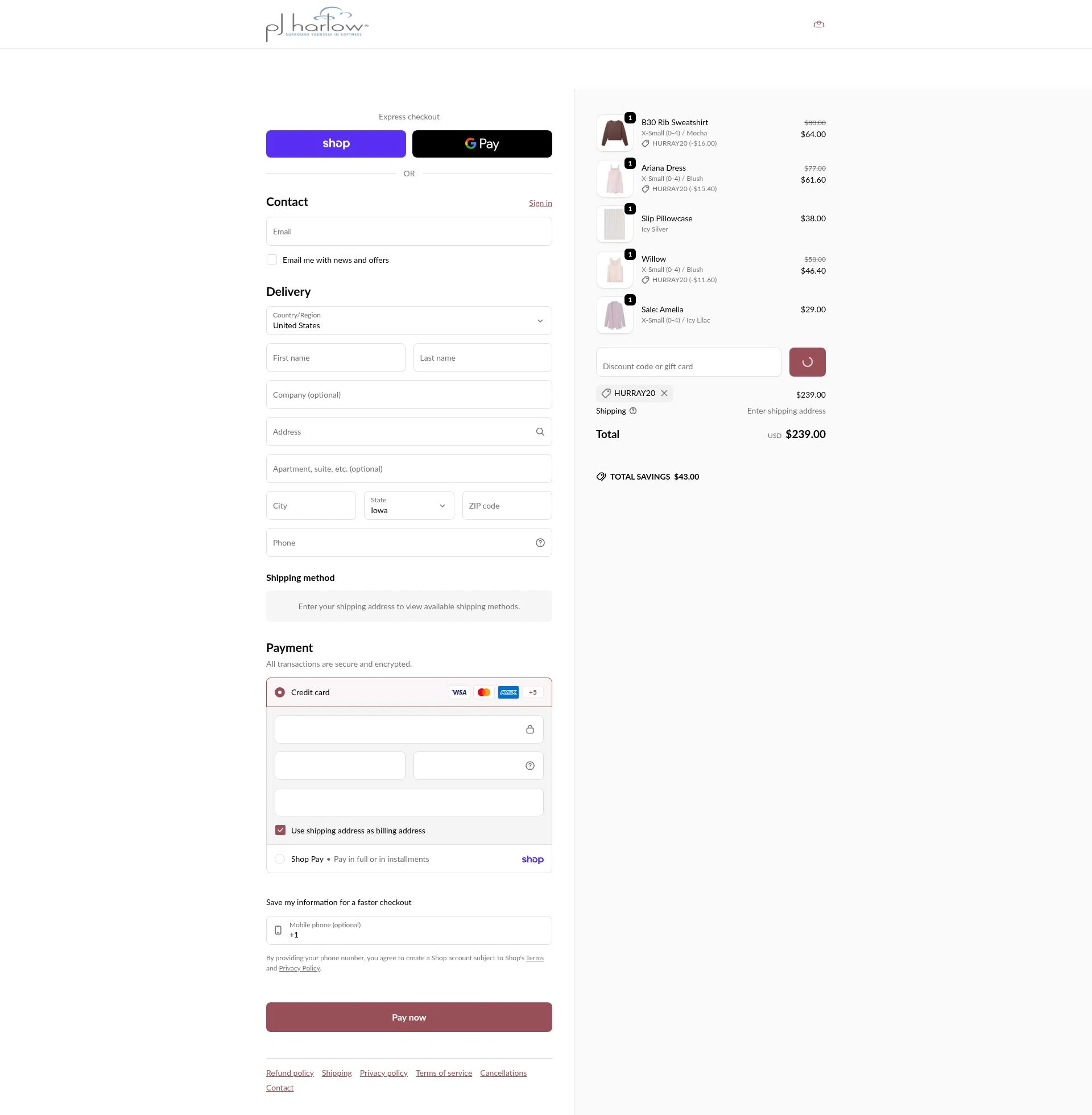 PJ Harlow checkout page showing PJ Harlow promo code box | Screenshot taken by SimplyCodes community member on Feb 5, 2026
