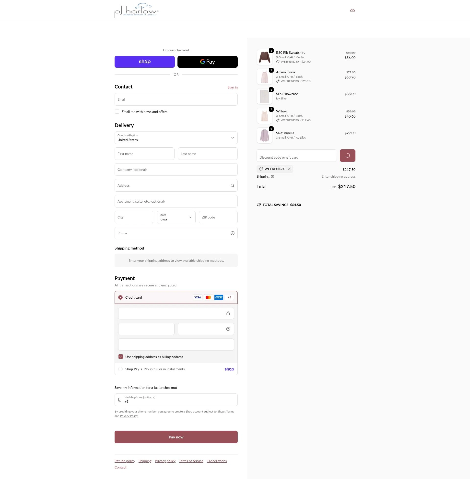 PJ Harlow checkout page showing PJ Harlow promo code box | Screenshot taken by SimplyCodes community member on Feb 10, 2026