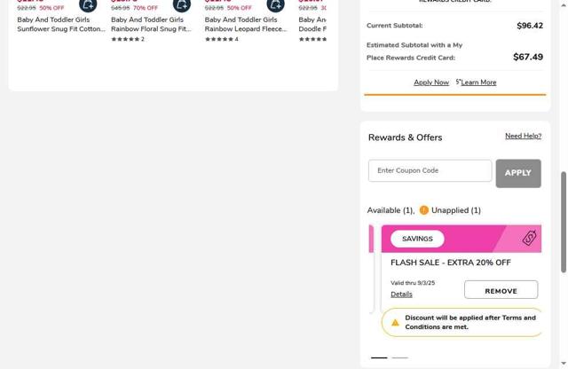 PJ Place checkout page showing PJ Place coupon code box | Screenshot taken by SimplyCodes community member on Sep 3, 2025