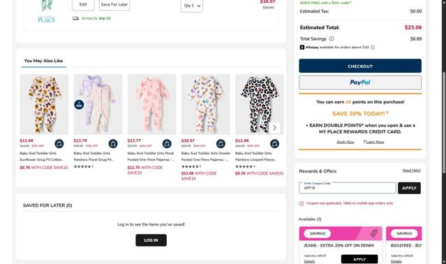 PJ Place checkout page showing PJ Place coupon code box | Screenshot taken by SimplyCodes community member on Sep 9, 2025