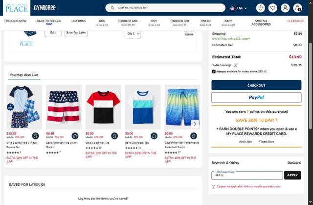 PJ Place checkout page showing PJ Place coupon code box | Screenshot taken by SimplyCodes community member on Jul 13, 2025