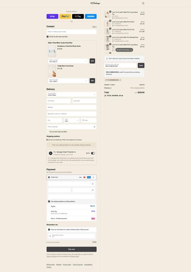 P.J. Salvage checkout page showing P.J. Salvage promo code box | Screenshot taken by SimplyCodes community member on Sep 14, 2025