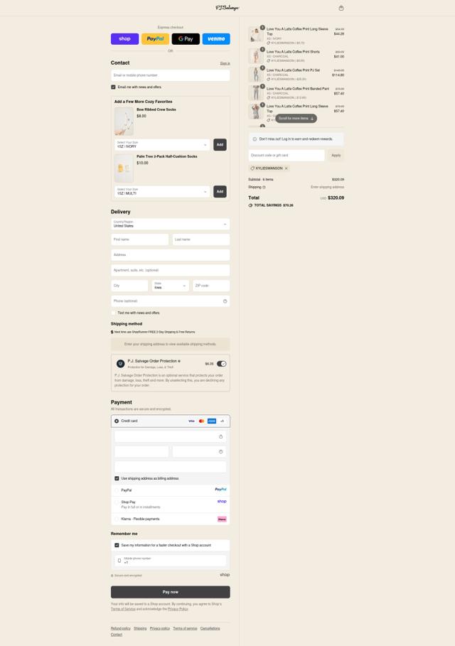 P.J. Salvage checkout page showing P.J. Salvage promo code box | Screenshot taken by SimplyCodes community member on Sep 10, 2025