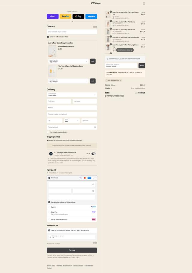 P.J. Salvage checkout page showing P.J. Salvage promo code box | Screenshot taken by SimplyCodes community member on Sep 10, 2025
