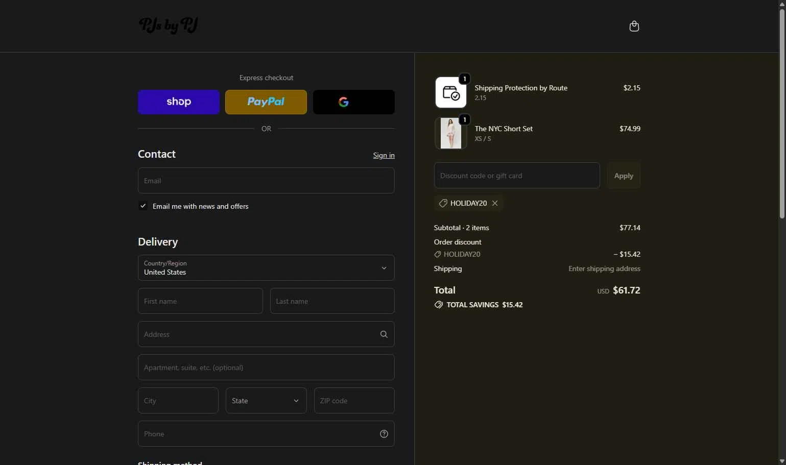 PJs by PJ checkout page showing PJs by PJ discount code box | Screenshot taken by SimplyCodes community member on Dec 16, 2025
