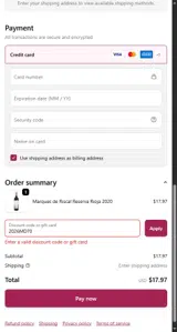 PJ Wine coupon verification screenshot